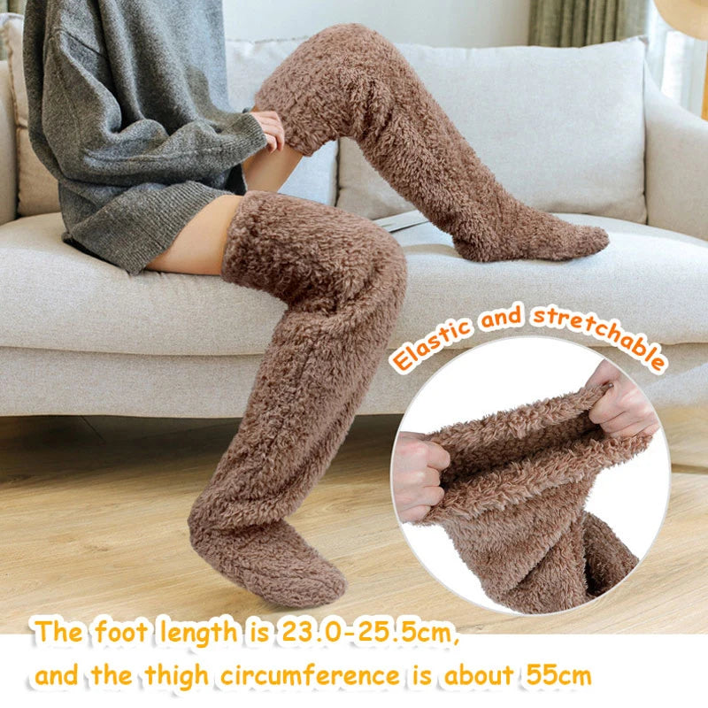 Hot Fluffy Thigh High Socks Teddy Legs Snuggle Long Paws Fuzzy Leggings over Knee Slippers Hairy Stockings